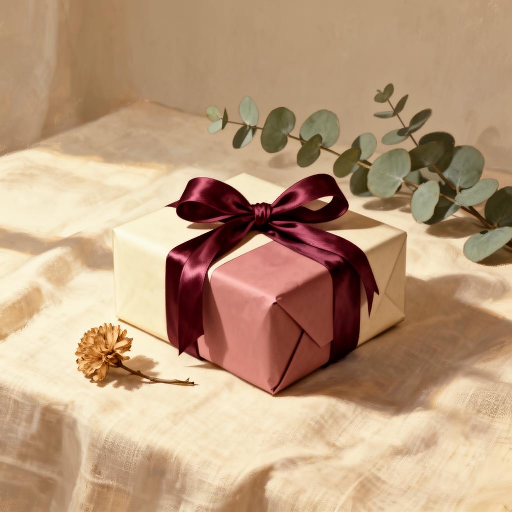 A cream and dusty rose gift box tied with a maroon silk ribbon, beside eucalyptus and a dried bloom on warm linen.